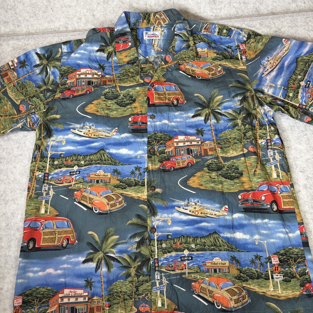 Hawaii Aloha Shirt Men’s Large Retro Car Palm Tree Print Short Sleeve Button Up